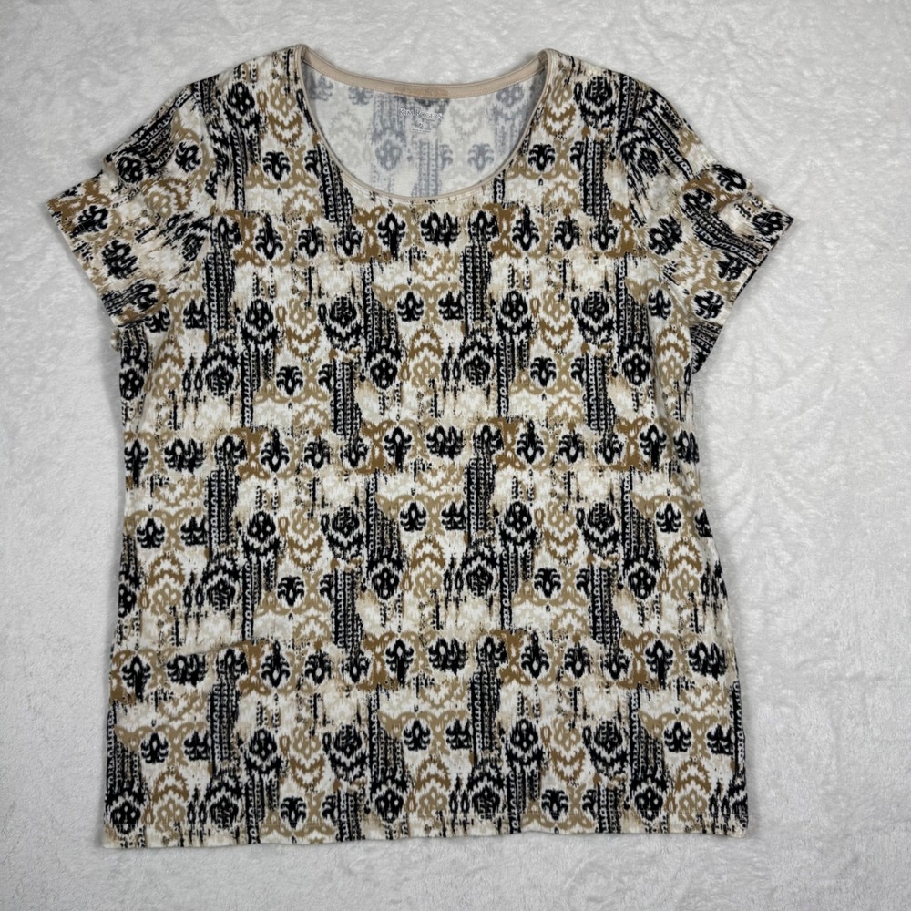 Kim Rogers Petite PL Short Sleeve Ikat Damask Print‎ Scoop Neck Top Black Tan